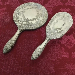 Vintage Silver Plated Dresser Set 2 Piece Vanity Mirror And Hair Brush - Picture 1 of 9