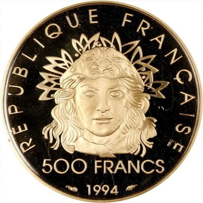 1994 France 500 Franc Olympic Centennial Gold Coin - The Archer - .5 oz. AGW - Image 1 of 2