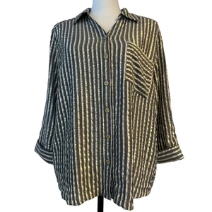 Anne Klein Hemd locker strukturiert Metallic Streifen Knopfleiste Damen XL grau gold - Bild 1 von 10