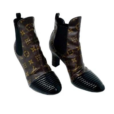 Louis Vuitton Monograma Renacimiento Botines Talla 37 Marrón Logo Cuero Tacón Bloque Foto 1 de 4