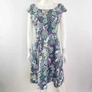 Retrolicious Green Floral Fit & Flare Dress Size L Forest Animals Print Retro - Picture 1 of 10