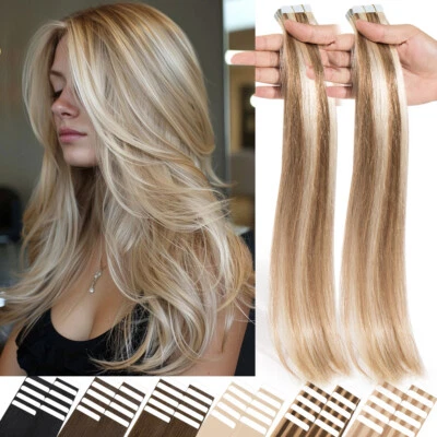 THICK Tape In Russian Remy Human Hair Extensions 100% Skin Weft Straight 200G US - Image 1 of 4