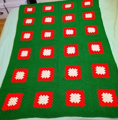 Vintage Multi Colored Afghan Throw Blanket 69" x 47" White, Red & Green - Image 1 of 4