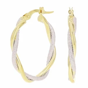 14k Yellow & White Gold Italian Lattice Shine Twisted Hollow Oval Hoop Earrings - Picture 1 of 3