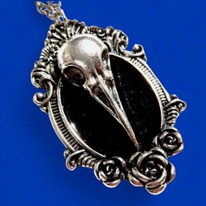 RAVEN SKULL PENDANT black enamel cameo necklace bird crow roses gothic goth 4Y - Picture 1 of 4