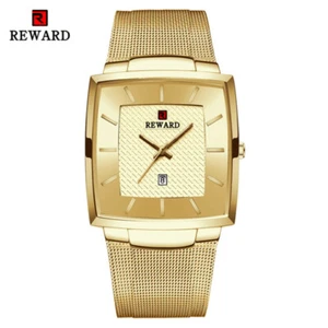 RECOMPENSA Hombres Reloj rectangular Top marca Relojes de calendario Reloj de pulsera de acero dorado masculino - Imagen 1 de 13
