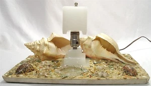 VINTAGE LARGE CONCH SEA SHELL ASHTRAY TABLE PARLOR TV LAMP LIGHT W/ GLASS SHADE - Picture 1 of 1