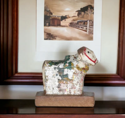 Vintage Mucca, Arredo Casa, Legno Mucca Statua Fatto a Mano Nandi Statua - Immagine 1 di 4