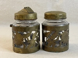 Taxco Mexico Brass Overlay Cut Out Sleeve Clear Glass Sugar/Cocoa Jars (2) - Picture 1 of 12