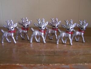 LOT OF 6 VINTAGE SILVER GLITTER PLASTIC REINDEER RED BEADS ORNAMENT CHRISTMAS 
