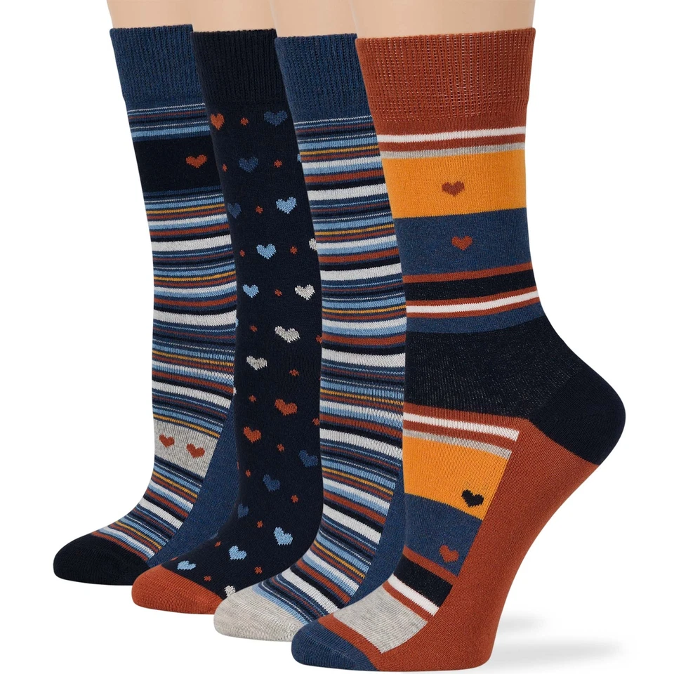 Women Cotton Crew Socks-4 Pack Large - Heart-Stripe -Navy Blue Brown Orange - Image 1 of 4