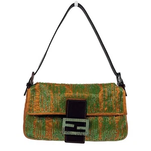 Fendi Vintage Orange Satin Green Beaded Lizard Logo Shoulder Baguette Bag - Picture 1 of 11