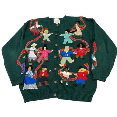 Vintage Susan Bristol Cardigan Womens M Embroidered International Dolls Travel - Image 1 of 4