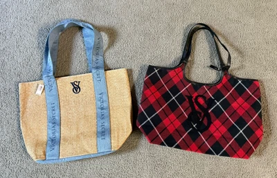 2 NWT Victoria's Secret Double Handle Tote Bags - Straw & Black & Red Plaid - Image 1 of 4