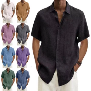Mens Summer Shirts Short Sleeve Tops Men Lapel Neck Holiday Fitness Blouse - Picture 1 of 20