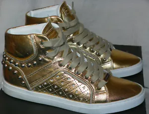 ALESSANDRO DELL' ACQUA STUDDED GOLD LEATHER  HIGH-TOP SNEAKERS Sz. 37IT/7US - Picture 1 of 9