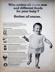 1967 Gerber Baby's Bib Print Ad Fruit Cereals Baby Food Desserts Walking Toddler - Picture 1 of 1