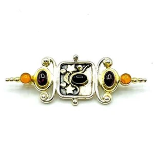Vintage Sterling Silver Brooch Pendant Amber Amethyst Onyx Gemstones Moon Stars - Picture 1 of 7