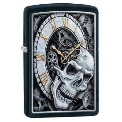 Zippo Windproof Lighter Skull Clock Design Black Matte Refillable 29854 - Image 1 of 3