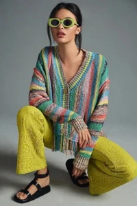 Anthropologie Pilcro Letterpress Fringed Cropped V-Neck Cardigan Sweater Size XL - Picture 1 of 18