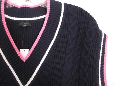 Novo com etiquetas Talbots Colete Suéter Tamanho Médio 12 Cabo Malha Azul Decote V Tênis Preppy Novo com etiquetas - Imagem 1 de 4
