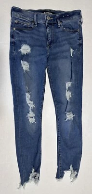 Express Pants Womens 2R Blue Denim Jeans Ankle Mid Rise Distressed Ladies - Image 1 of 4