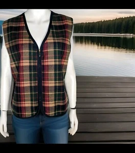 Talbots Plaid Vest Womens L Brown Green Red Cotton Zipper Preppy Lined Tartan - Picture 1 of 10