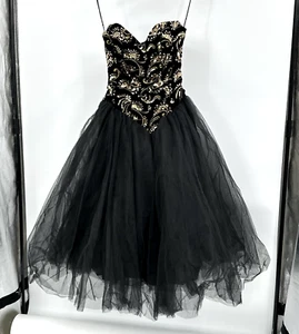 vintage 80s PROM DRESS sequins tulle strapless black gold velvet gown XS S - Picture 1 of 11