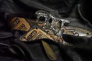 Leather guitar strap and pickguard custom tooled hand made "Outlaw Waned" - Picture 1 of 12