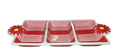Ceramic 3 Section Appetizer Serving Dish Tray Red Flower Handles Brunch Spring - Image 1 of 4