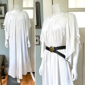 Vintage 70s Small Pakistan white crinkled cotton angel sleeve caftan dress - Picture 1 of 10
