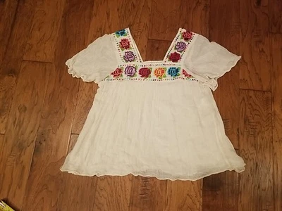 Blusa Jen’s Pirate Booty Boho Campesina Bordada Algodón Gasa Floral Marfil Talla S Foto 1 de 4
