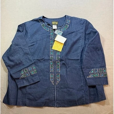 Chaqueta de mezclilla artística portátil Bob Mackie adornada azul 3X Foto 1 de 4