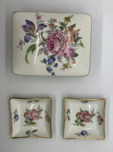 Vtg Limoges hand painted Cigarette Lidded Box & 2 AshTrays Flowers w Gold Trim - Picture 1 of 12