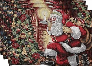 Set of 3 Tapestry Placemats, 13" x 19", WINTER, SANTA BY THE CHRISTMAS TREE, VL - Picture 1 of 9
