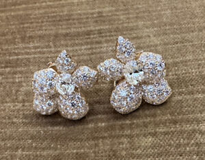 French GIA Pavé Diamond Asymmetrical Flower Earrings in 18k Yellow Gold -HM2478V