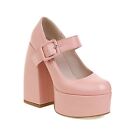Women Girls High Heels Shoes Platform Round Toe Block Buckle Clubwear 34-44 L