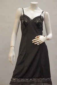 Vintage 50s-60s Swedish Lace Trim Black Nylon Slip Dress Lingerie Nightie Boho - Picture 1 of 6