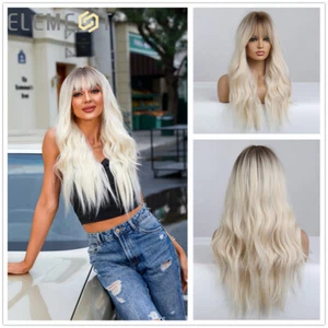 Long Wavy Platinum Blonde Synthetic Wigs With Bangs for Women Daily Cosplay Wig - Picture 1 of 11