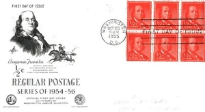 USA FDC - 1955 - 1/2c Benjamin Franklin, Scott #1030 Artcraft Block of 6 - Picture 1 of 1