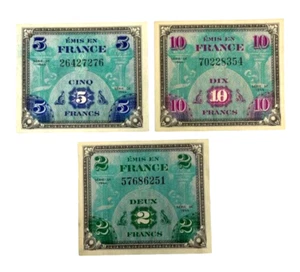 france series 1944 2,5&10 francs military currency contains 3 wartime banknotes - Picture 1 of 2