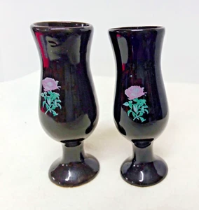 Set of 2 Vintage Tequila Rose Ceramic Black Cordial Shot Glasses Purple Rose - Picture 1 of 8