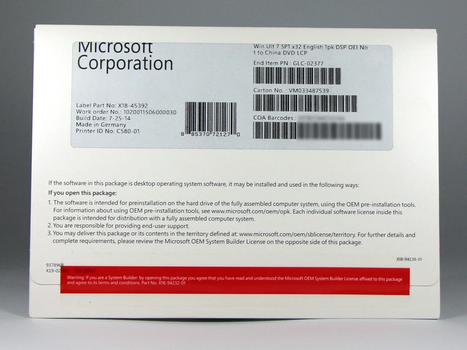 Windows 7 Ultimate 32-Bit SP1 SB LCP-Vollversion, englisch - neu, SKU: GLC-02377 - Bild 1 von 1