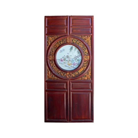Chinese Vintage Round Porcelain Scenery Wood Wall Panel Art cs4240 Cover