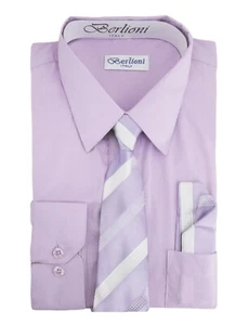 Berlioni Italy Lilac Kids Boys Lilac Dress Shirt Set With Tie & Hanky - 4 - Picture 1 of 1