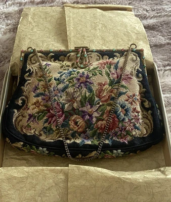 VTG French Petit Point Purse Black & Floral Jeweled Fold Over Frame Original Box - Image 1 of 4