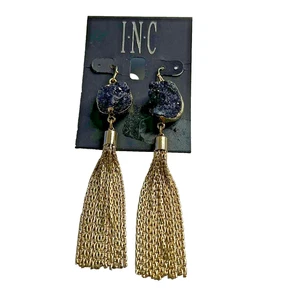 INC International Concepts Gold Dangle Earrings w/ Black Stone, NWT!! - Picture 1 of 4