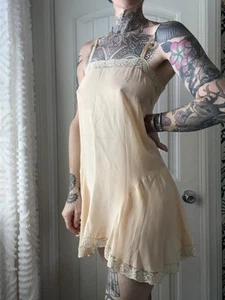 Antique 1920s Silk Embroidered Lace Trim Nightgown Slip Mini Dress Coquette S - Picture 1 of 13