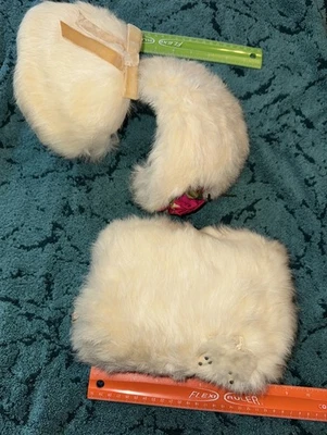 老式罕见! 3 件套儿童白色兔子毛皮套装 2 种不同风格的帽子,袖口 — 第 1/4 张图片