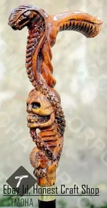 Bastone da passeggio manico serpente in legno intagliato a mano canna da passeggio Cobra e teschio - Foto 1 di 4